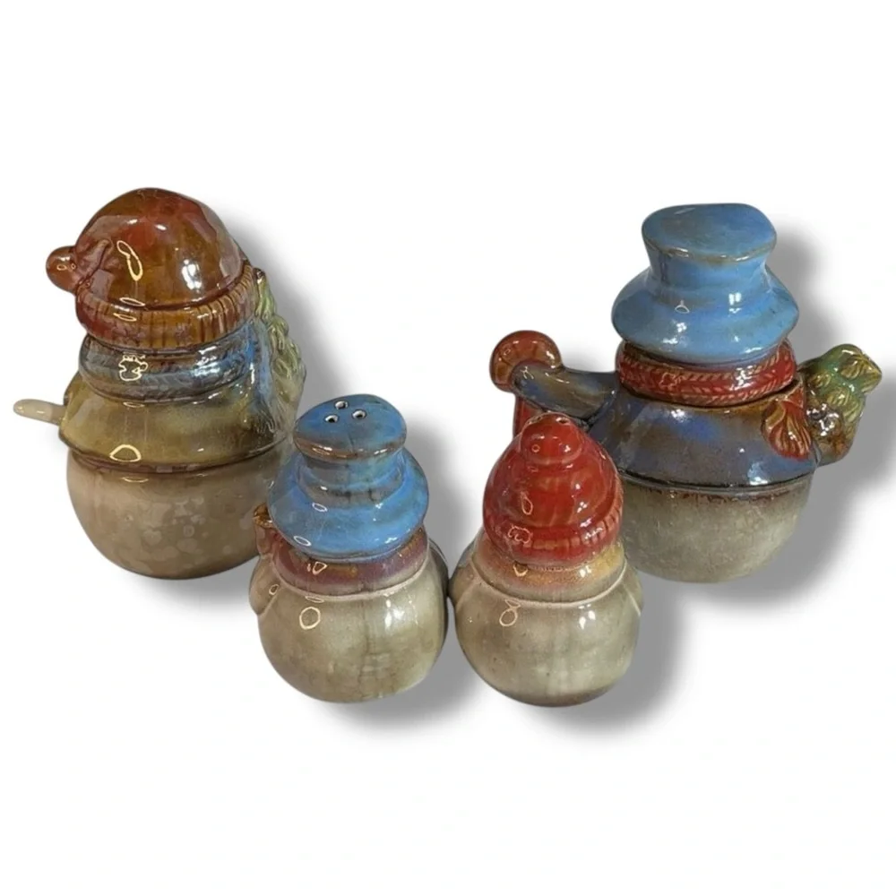 Christmas KIRKLAND’S Potter’s Garden Snowman Salt & Pepper Creamer & Sugar Set